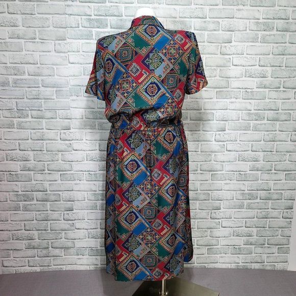 Vintage 80s Leslie Fay 12 Geo Abstract Button Front Shirt Midi Dress - Picture 5 of 10